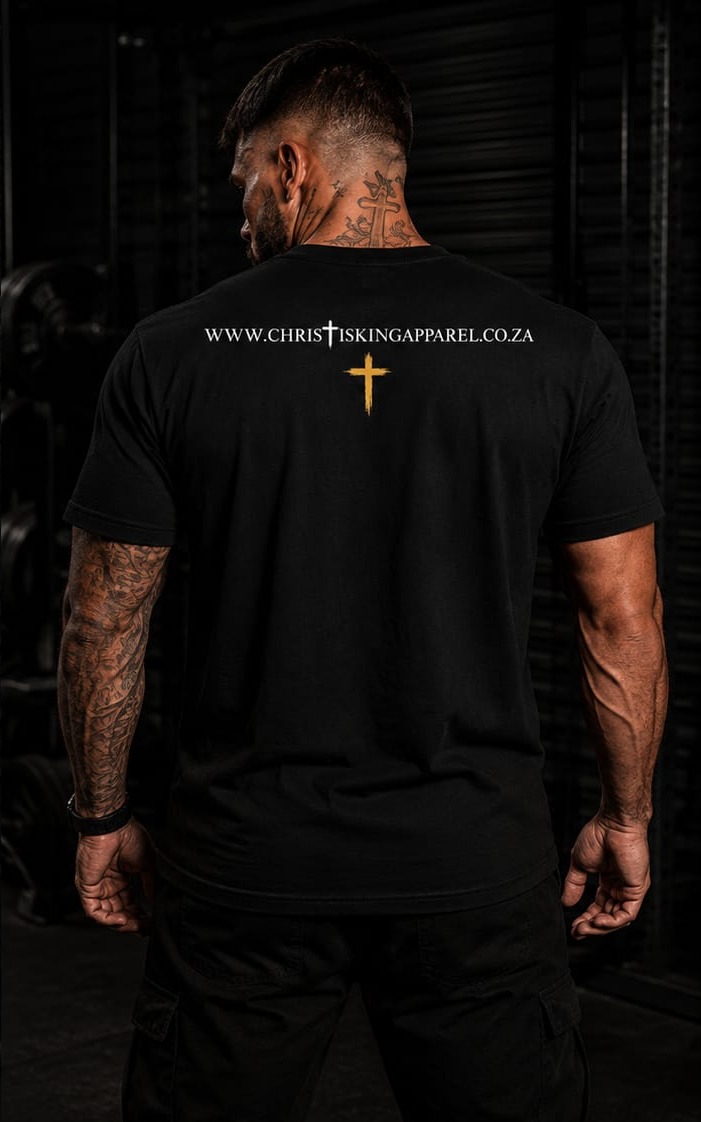 Christ Above All — Christ Is King Apparel t-shirt, back with gold cross detail