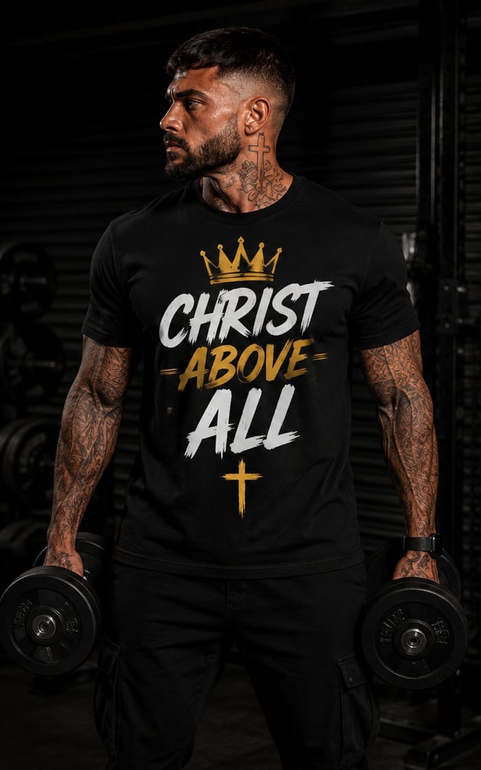 Christ Above All — Christ Is King Apparel black t-shirt, front