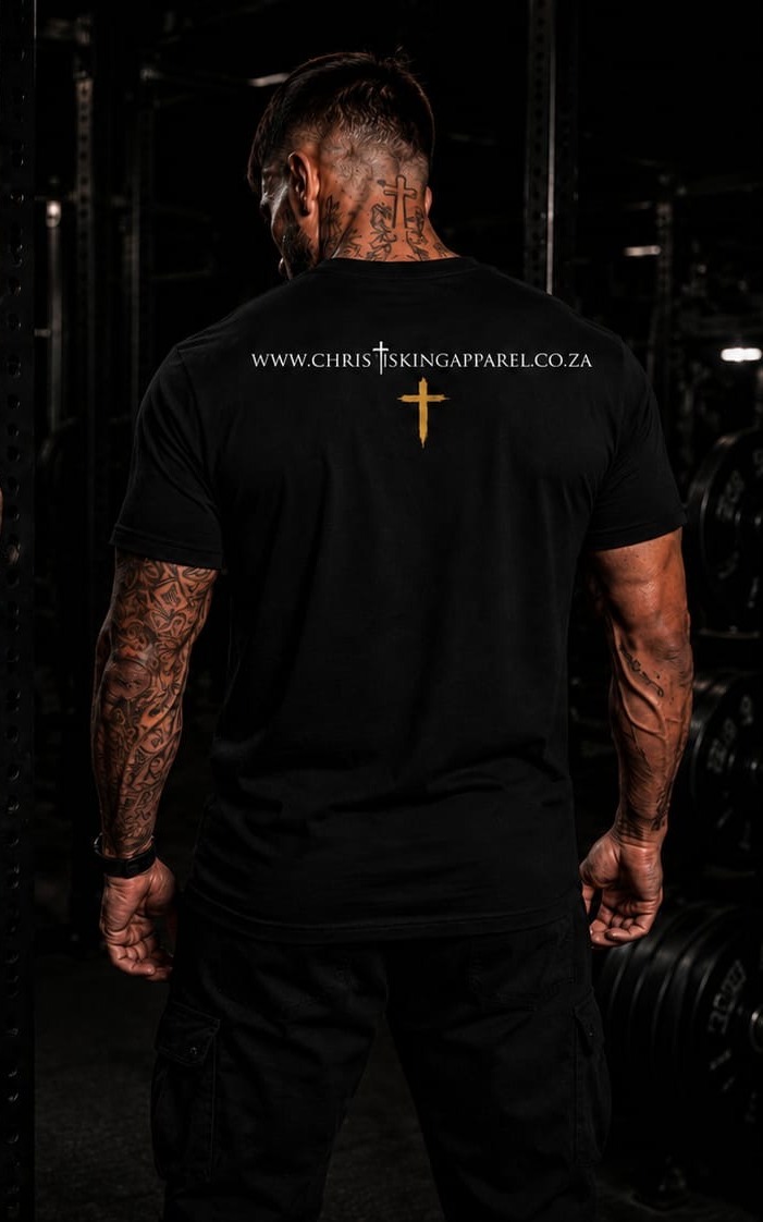 Do Not Be Afraid — Christ Is King Apparel t-shirt, back with gold cross detail