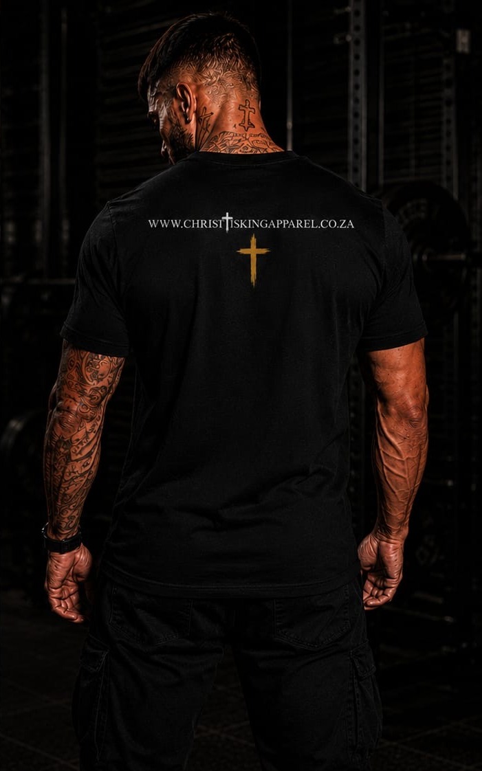 Faith Over Fear — Christ Is King Apparel t-shirt, back with gold cross detail