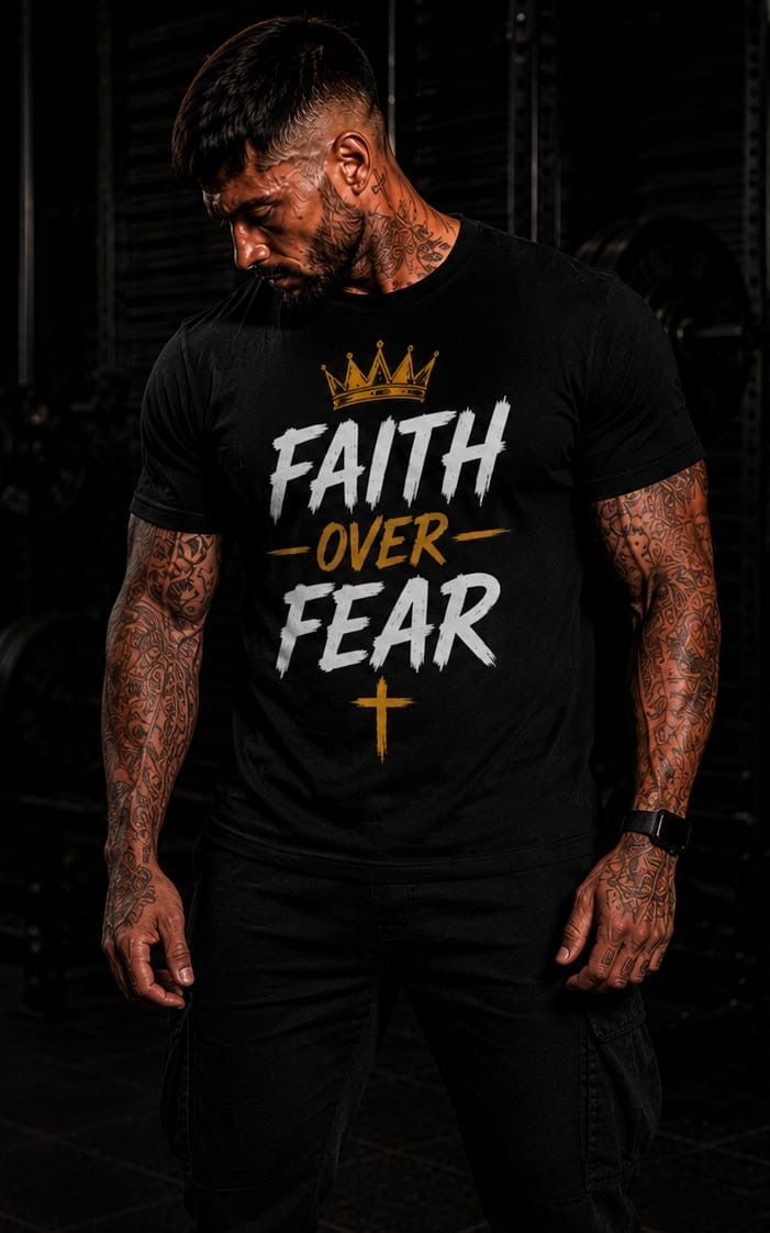 Faith Over Fear — Christ Is King Apparel black t-shirt, front