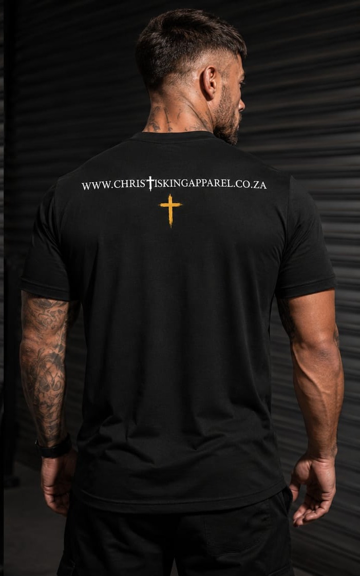 Fear God, Fear Nothing — Christ Is King Apparel t-shirt, back with gold cross detail