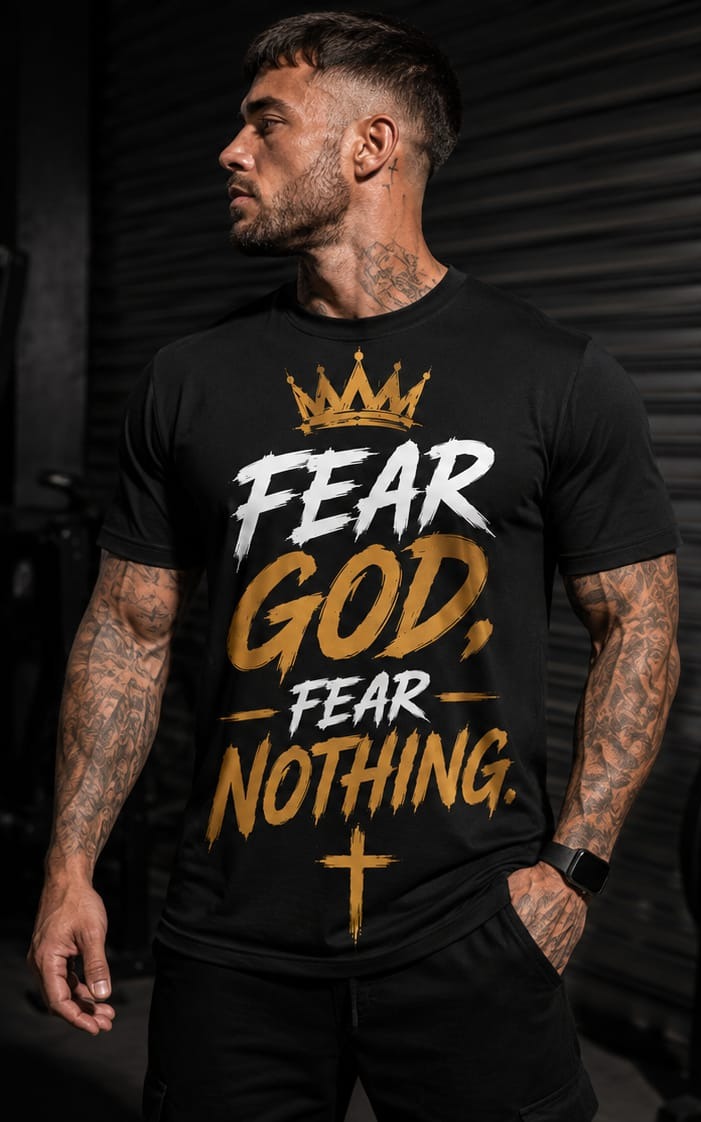 Fear God, Fear Nothing — Christ Is King Apparel black t-shirt, front