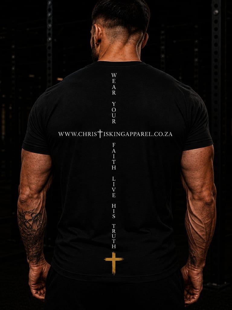 First Edition Top — Christ Is King Apparel t-shirt, back with gold cross detail