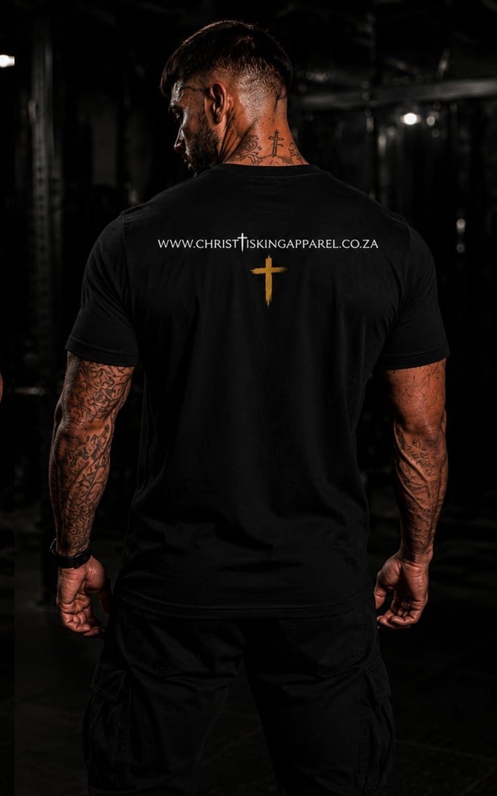 God First. Always. — Christ Is King Apparel t-shirt, back with gold cross detail