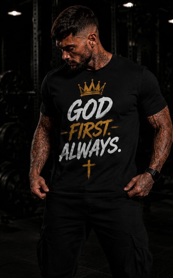 God First. Always. — Christ Is King Apparel black t-shirt, front
