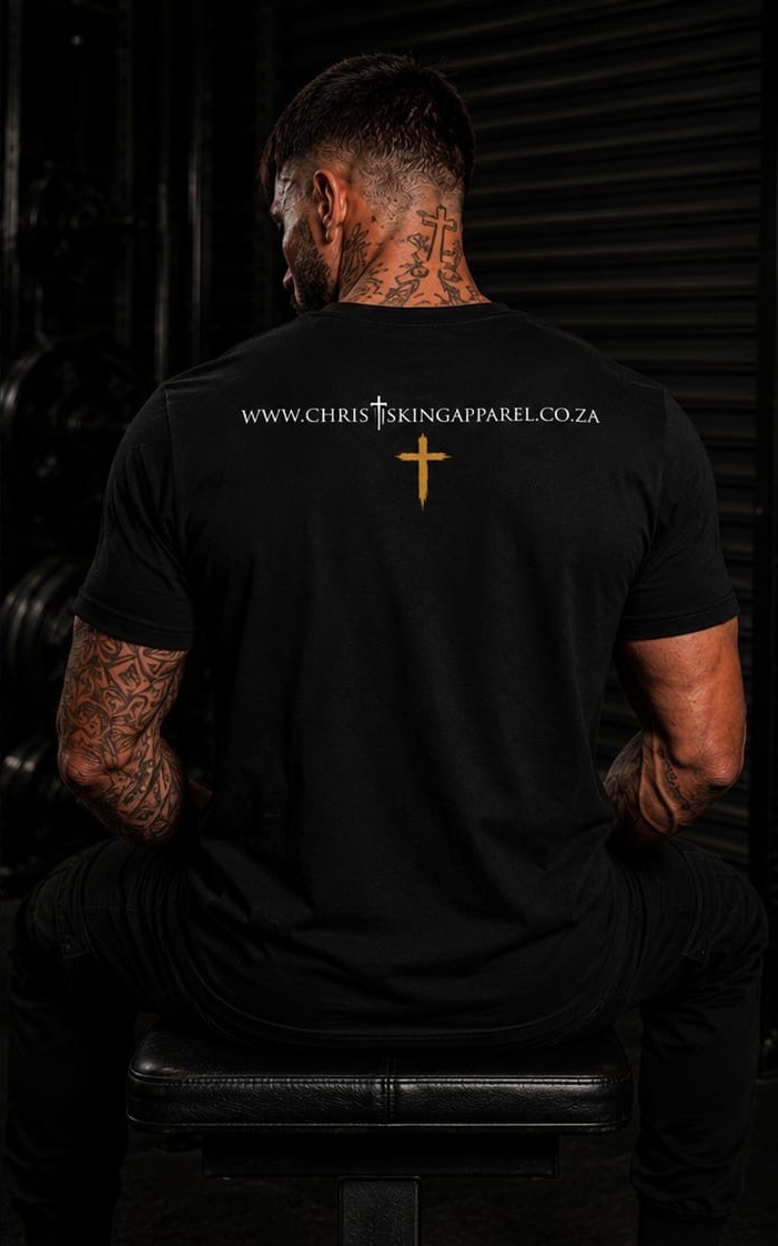 God Is With Me — Christ Is King Apparel t-shirt, back with gold cross detail