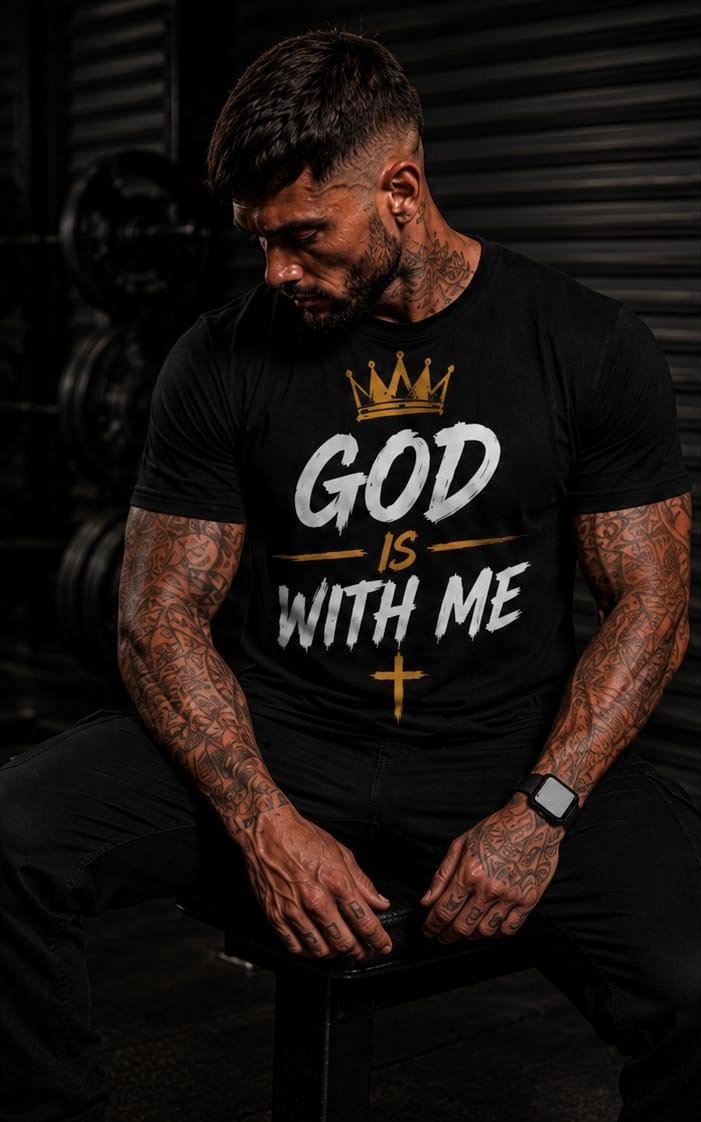 God Is With Me — Christ Is King Apparel black t-shirt, front