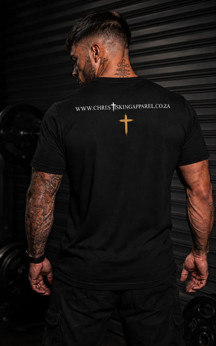 I Bow Only To The Lord — Christ Is King Apparel t-shirt, back with gold cross detail
