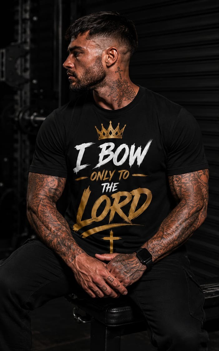 I Bow Only To The Lord — Christ Is King Apparel black t-shirt, front