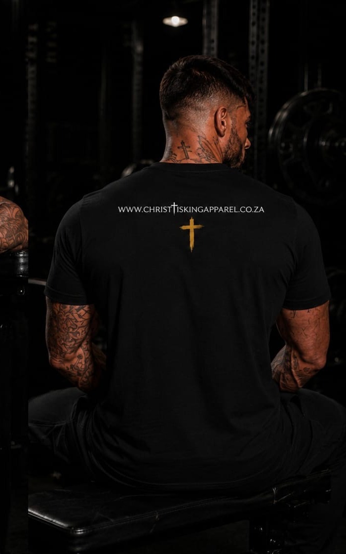 Trust In The Lord — Christ Is King Apparel t-shirt, back with gold cross detail