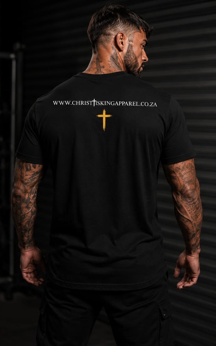Walk By Faith — Christ Is King Apparel t-shirt, back with gold cross detail
