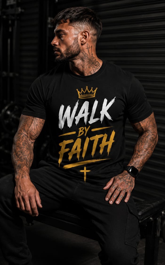 Walk By Faith — Christ Is King Apparel black t-shirt, front